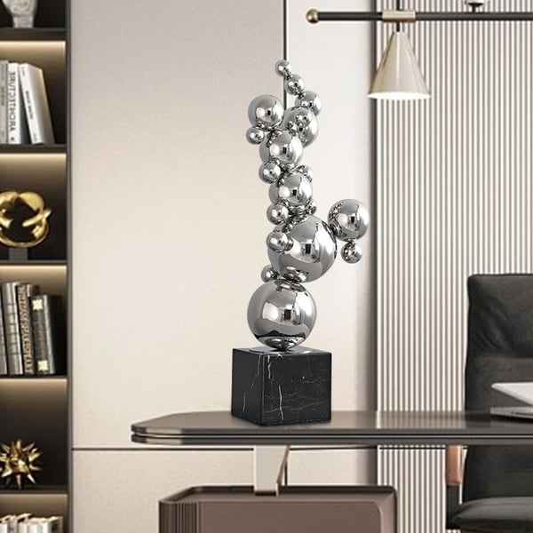 24" Modern Abstract Geometric Ball Sculpture Art Ornament Stainless Steel & Marble Decor