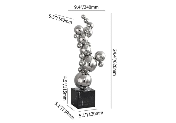 Sculpture de boule géométrique abstraite moderne de 24 pouces, ornement artistique, décor en acier inoxydable et en marbre