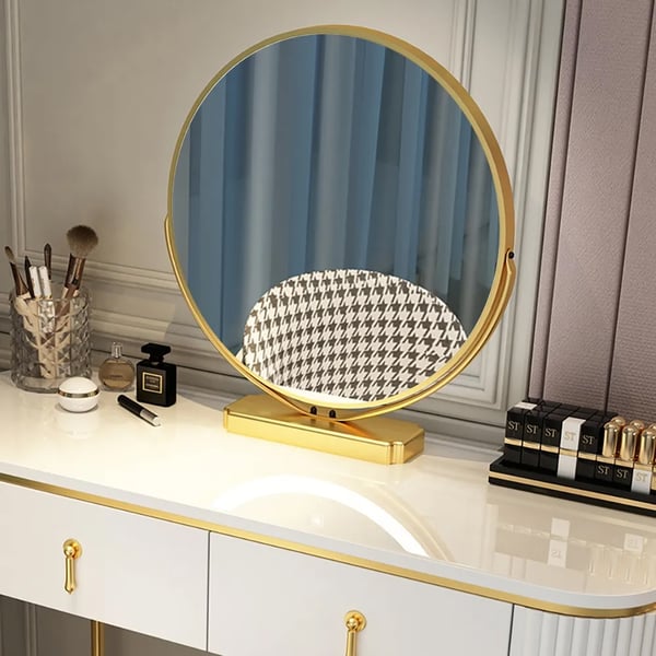 Modern White Oval Glossy Makeup Vanity with 2 Drawers & Rotatable Mirror & Stool
