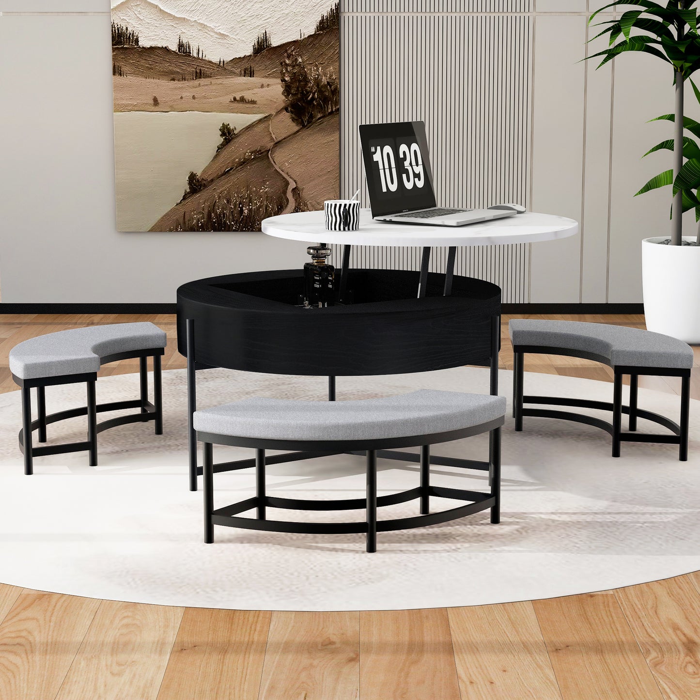 Modern Round Lift-Top Coffee Table with Storage & 3 Ottoman White & Black