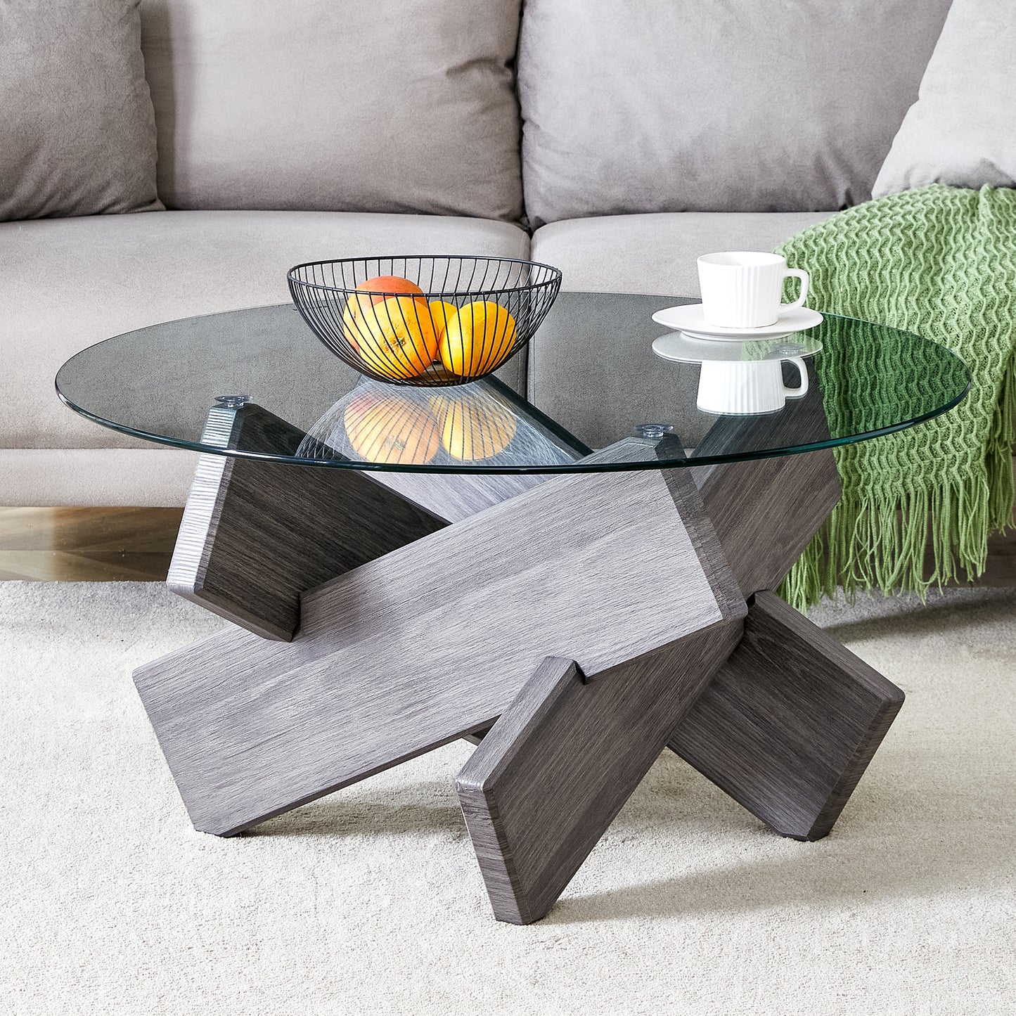 Contemporary Round Coffee Table with Tempered Glass Top - 33.4" Design, Suitable for Living and Dining Areas