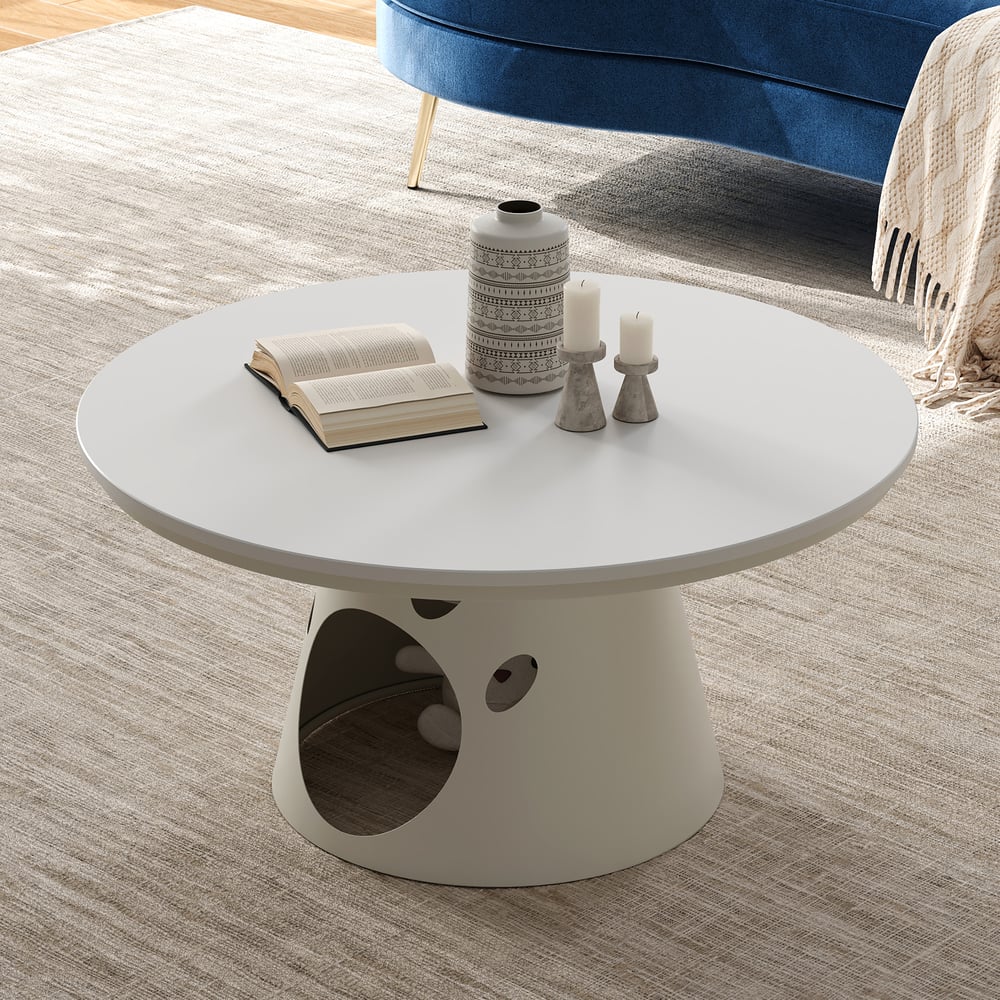 31.5" Round Stone Top Coffee Table with Cat House