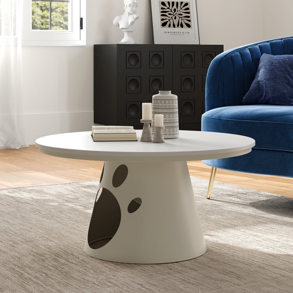 31.5" Round Stone Top Coffee Table with Cat House