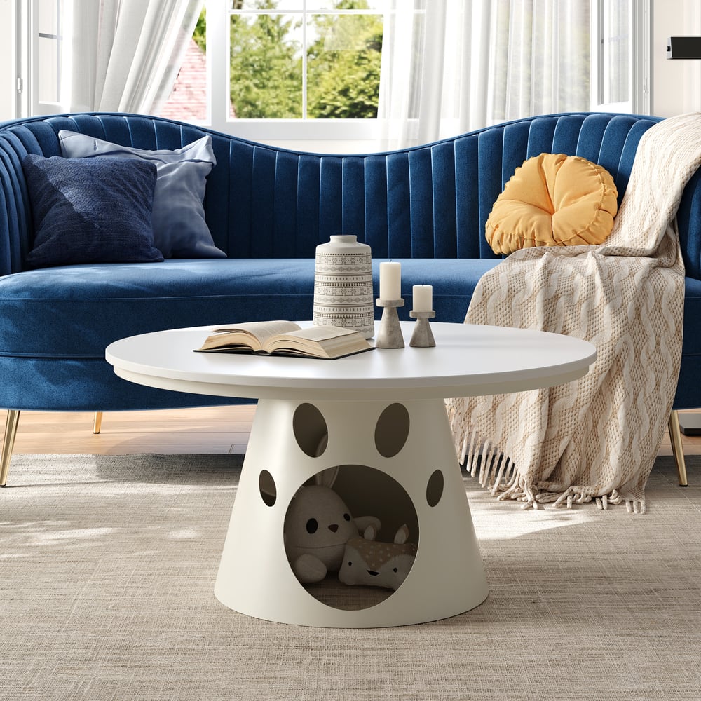 31.5" Round Stone Top Coffee Table with Cat House