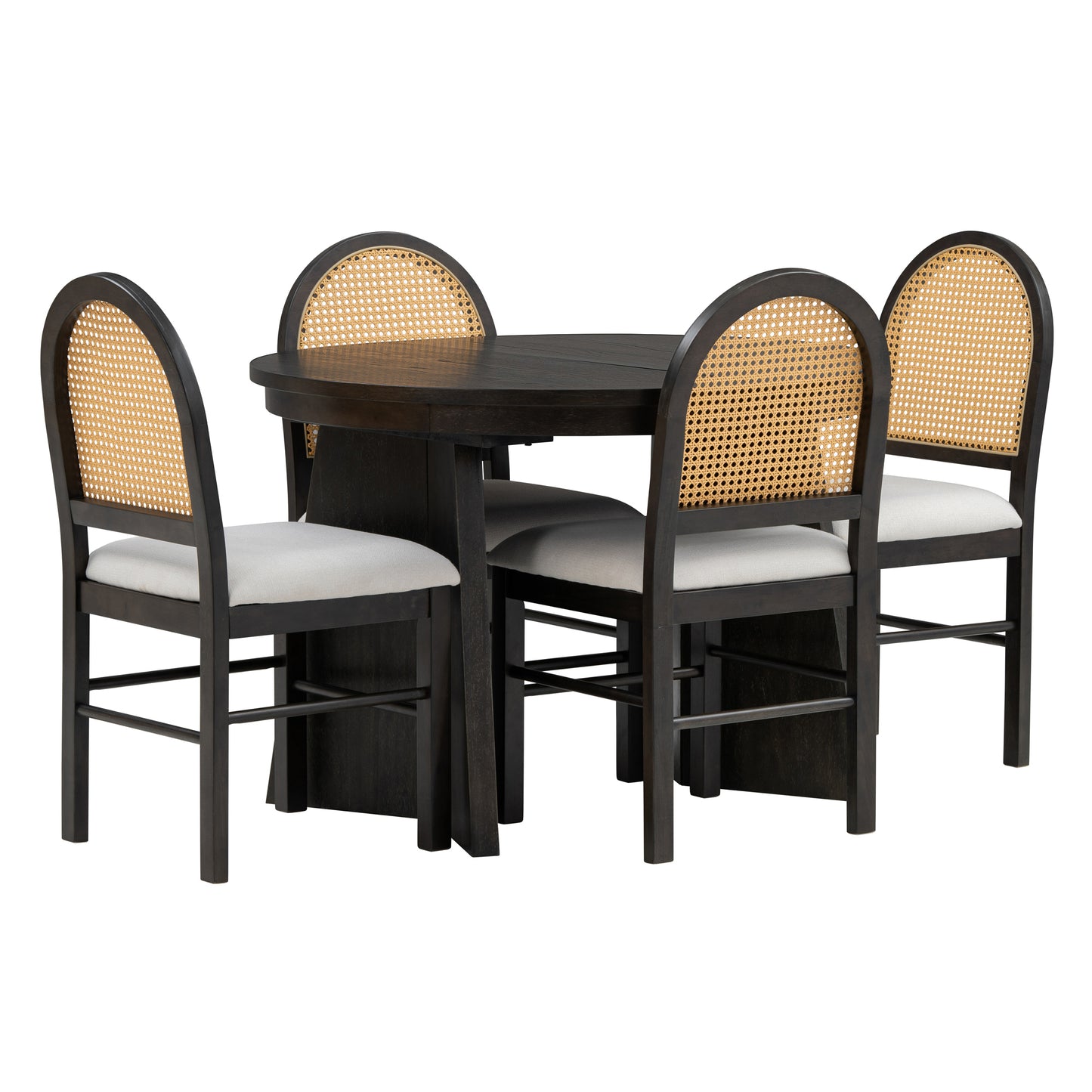 TREXM 5-Piece Retro Functional Dining Set with 1 Extendable Dining Table and 4 Upholstered Chairs with Rattan Backrests for Dining Room and Kitchen (Espresso)