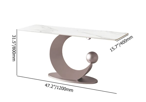 Table console étroite de 47 po, plateau en pierre frittée blanche et base en acier au carbone demi-lune