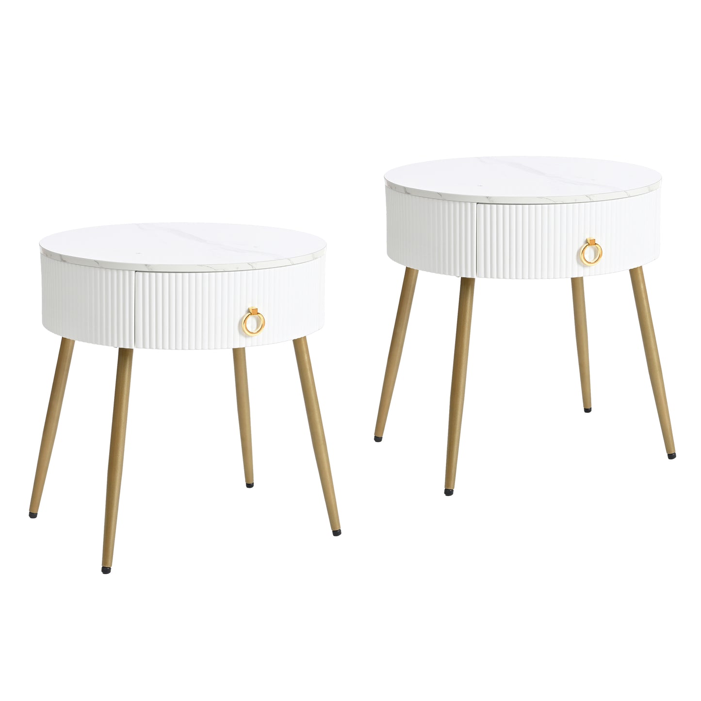 ON-TREND Φ19.6'' Easy Assembly End Tables with High Gloss Faux Marble Tabletops, Set of 2, Modern Fluted 2 Side Tables with Drawers, Round Coffee Tables with Golden Legs for Living Room, White