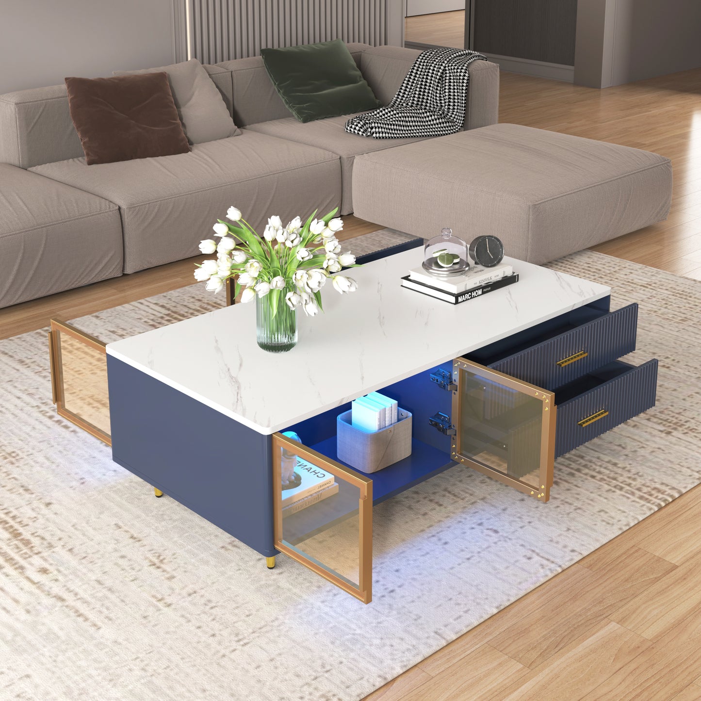 Modern Navy Blue Coffee Table with 2 Glass Door Storage, 4 Drawers, Gold Metal Legs, and Multi-Color Lighting in 47.2''