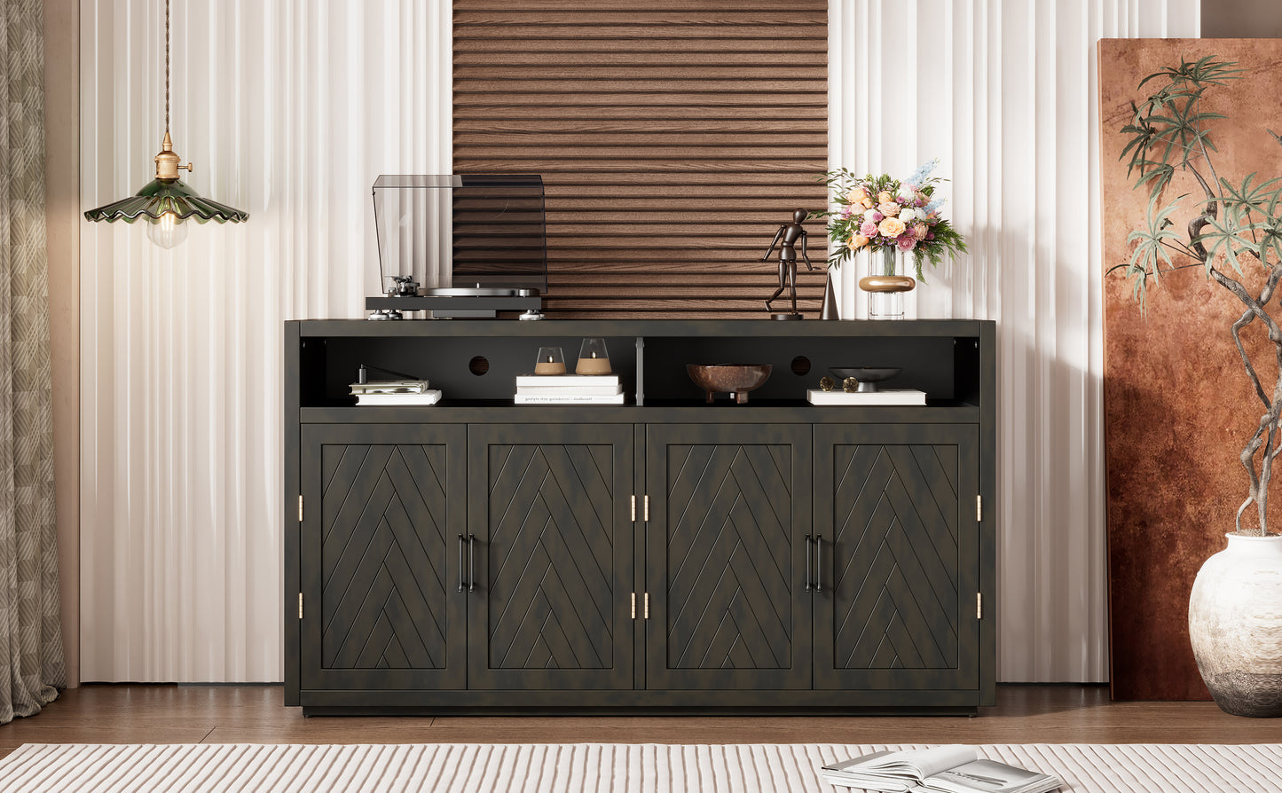 TREXM 4-door Classic Sideboard with Open Storage and Adjustable Shelves Perfect for kitchens,  living rooms (Grey Brown)