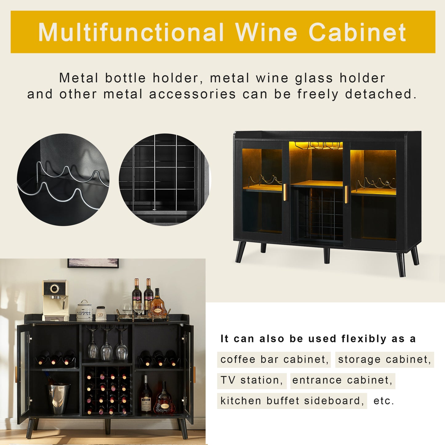 Armoire de bar à vin LED, armoire à café avec support à vin et verres, buffet de cuisine avec étagères de rangement, armoire à alcool autoportante pour salon, salle à manger (noir)