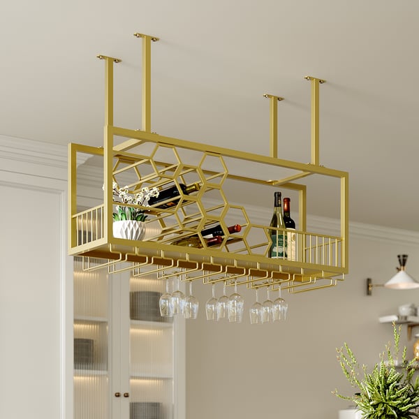 38'' Metal Hanging Wine Rack Golden Bar Shelf Floating Wine Glass Holder