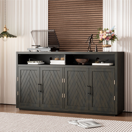 TREXM 4-door Classic Sideboard with Open Storage and Adjustable Shelves Perfect for kitchens,  living rooms (Grey Brown)