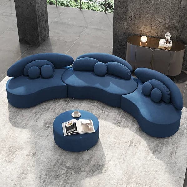 Modern 7-Seat Sofa Curved Sectional Modular Blue Velvet Upholstered with Ottoman