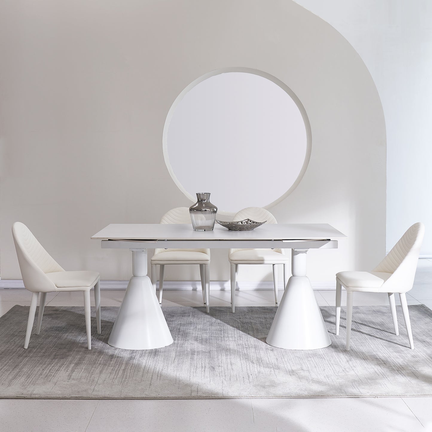 94.9" Modern Oval Extendable White Dining Table For 8 Seater With Sintered Stone Top & Stainless Steel Base