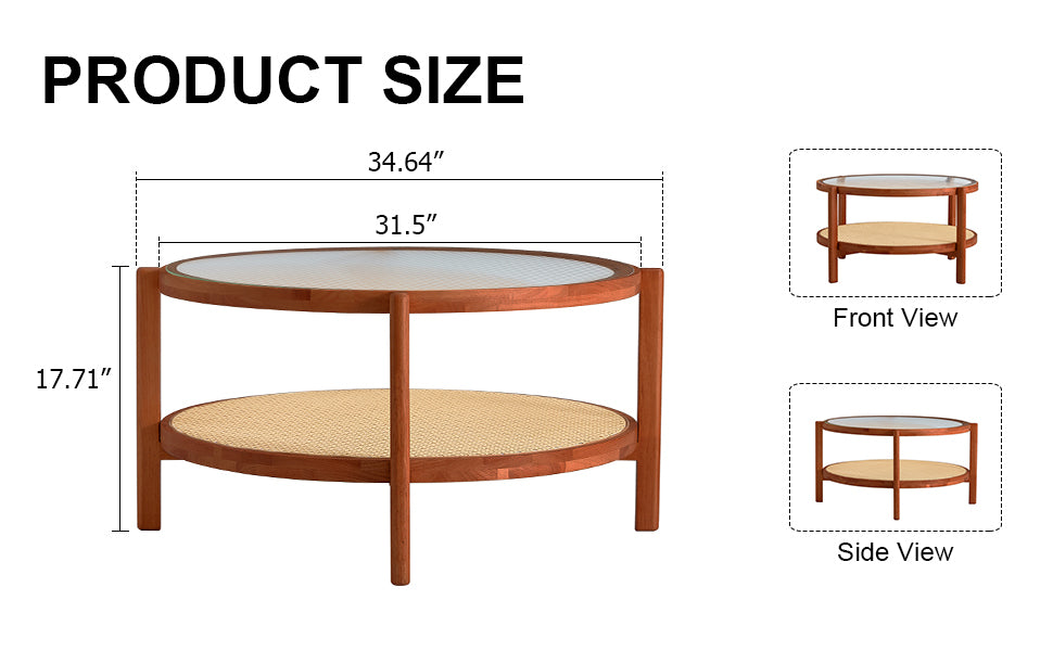 Modern Minimalist Circular Coffee Table - Double-Layer Solid Wood Design with Craft Glass Top and PE Rattan