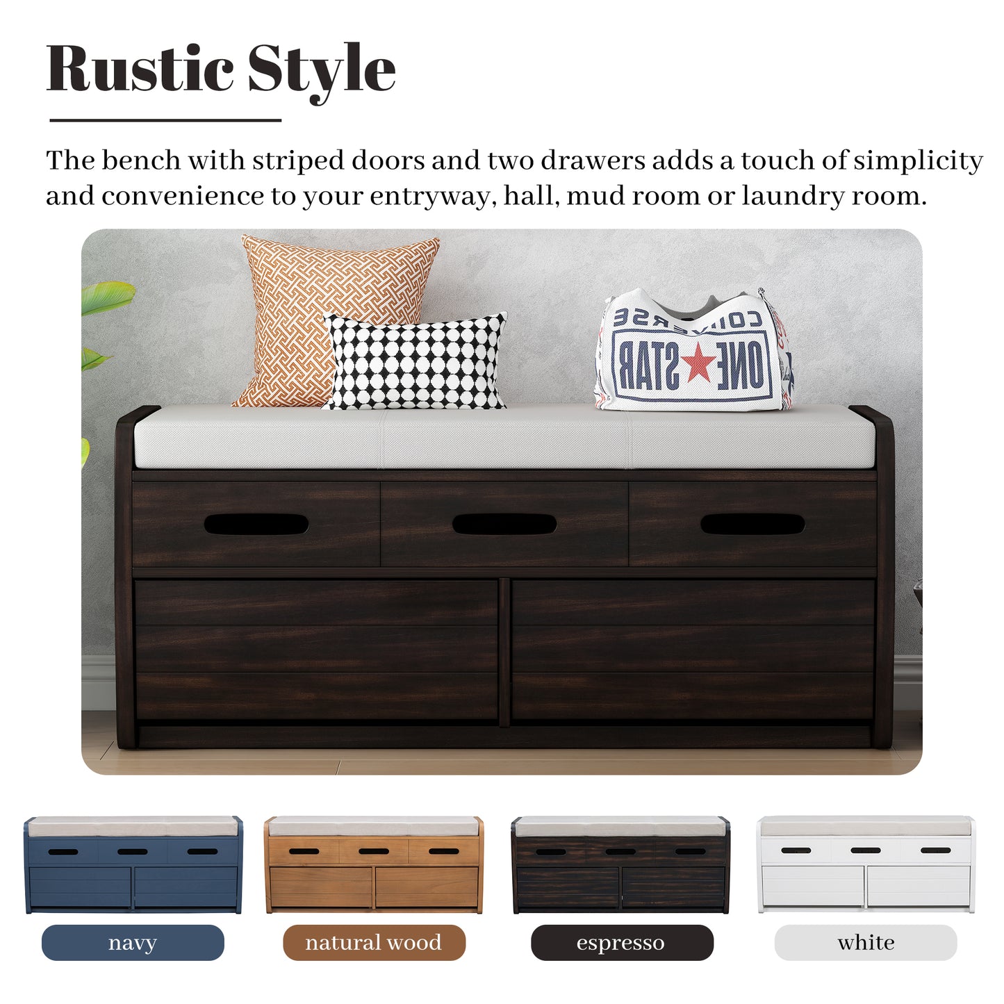 TREXM Rustic Storage Bench with 2 Drawers, Hidden Storage Space, and 3 False Drawers at the Top, Shoe Bench for Living Room, Entryway (Espresso)