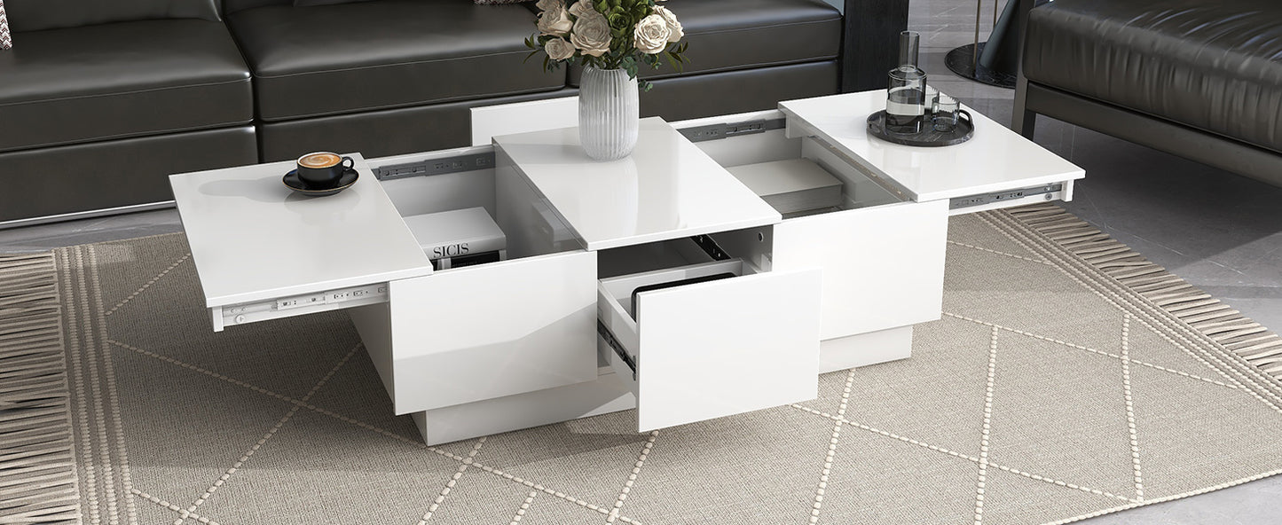 [VIDÉO fournie] Table basse ON-TREND avec 2 grands compartiments de rangement cachés, table de cocktail extensible avec 2 tiroirs, table centrale brillante avec plateau coulissant pour le salon, 39,3" x 21,6", blanc