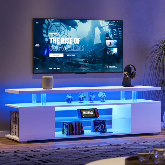 Meuble TV pour TV 70 pouces LED Centre de divertissement de jeu Table de console de stockage multimédia avec grande armoire latérale pour salon Blanc