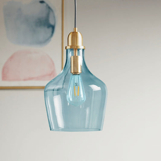 Bell Shaped Glass Pendant In Gold Finish Blue Shade