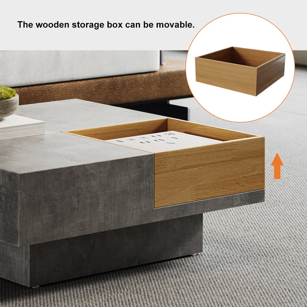 27.6" Japandi Wooden Square Coffee Table with Open Storage Concrete Gray & Natural