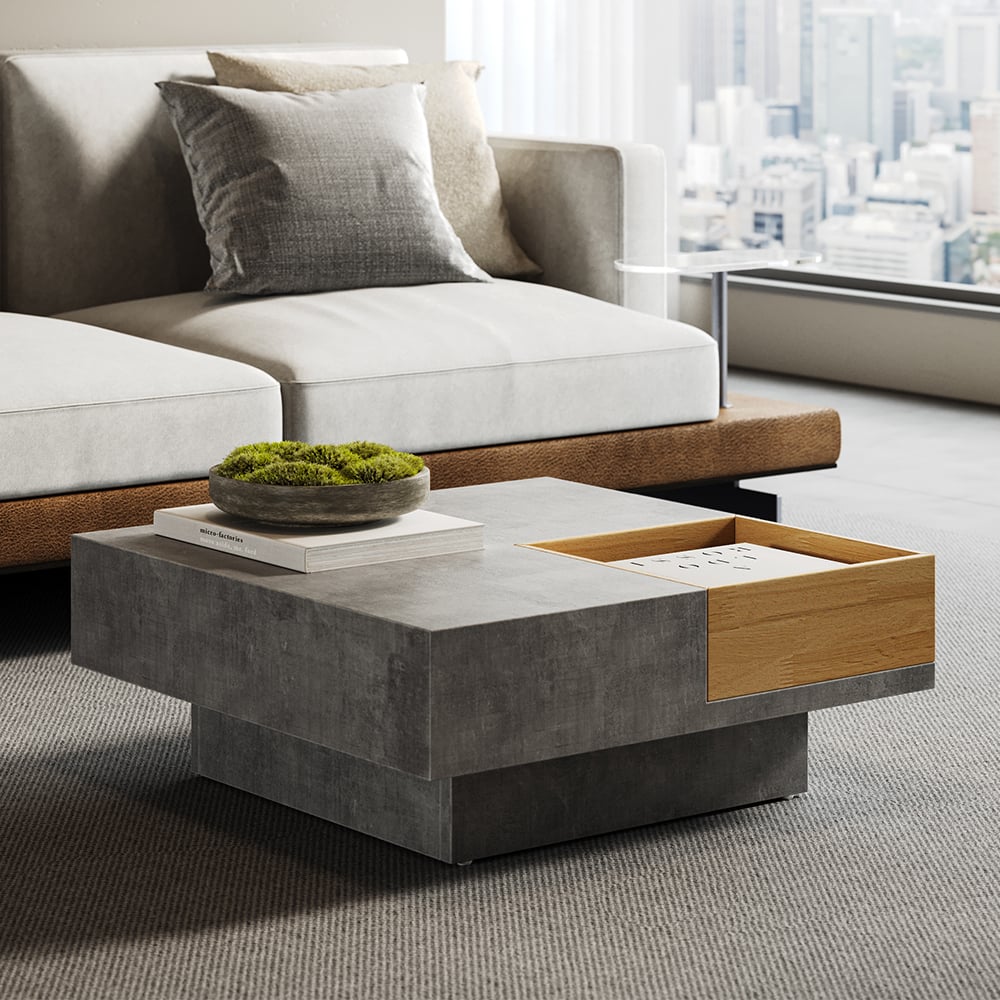 27.6" Japandi Wooden Square Coffee Table with Open Storage Concrete Gray & Natural