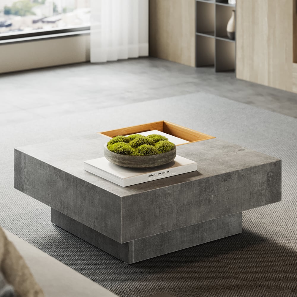 27.6" Japandi Wooden Square Coffee Table with Open Storage Concrete Gray & Natural