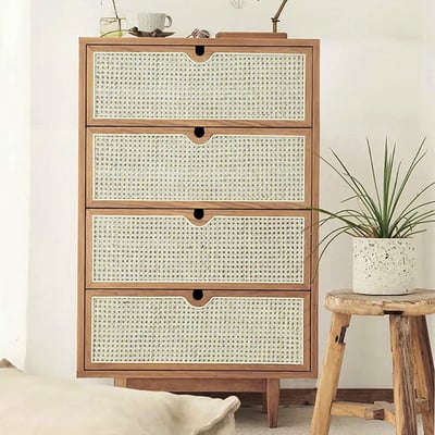 Mid Century Modern Natural 4 Drawers Chest Rattan Woven in Large