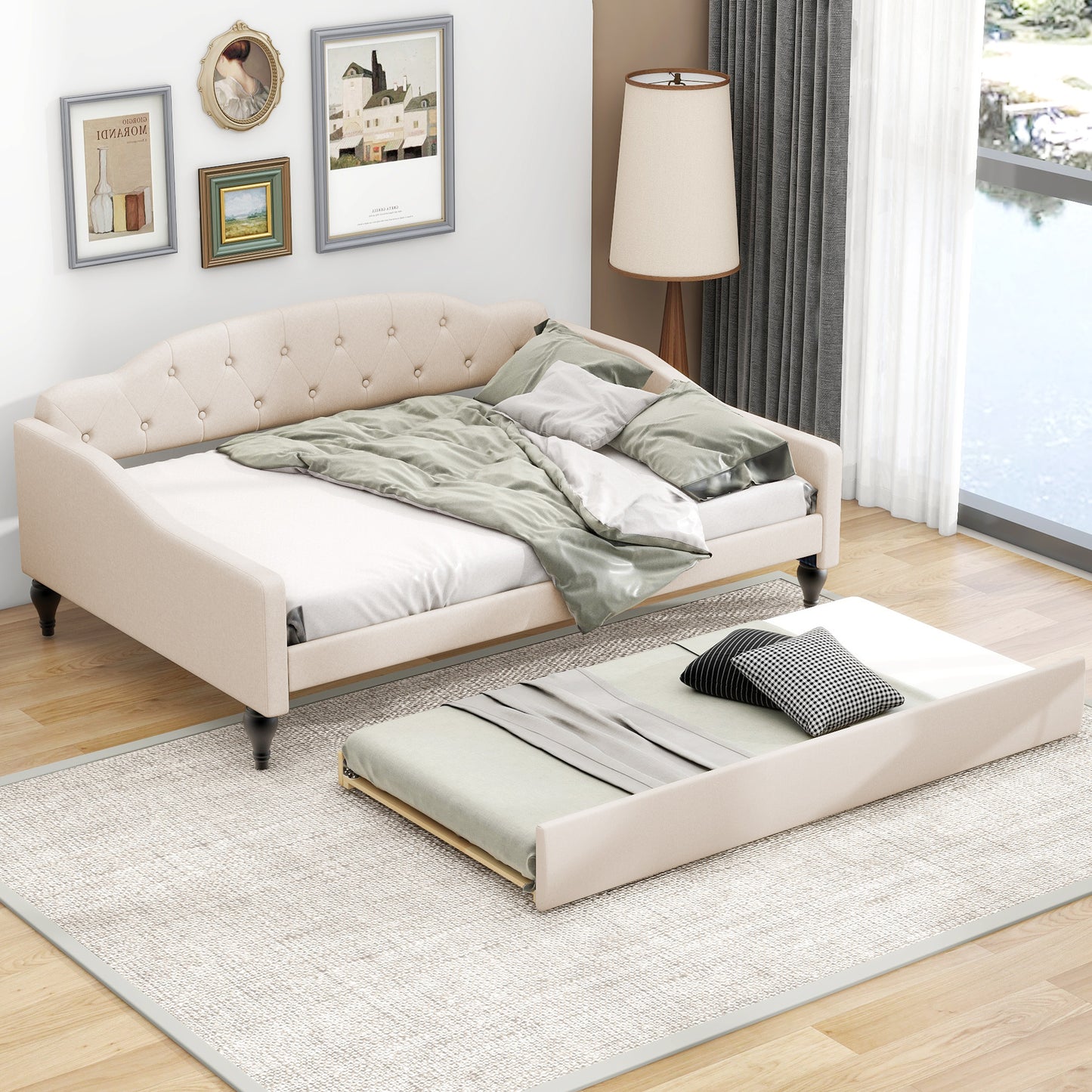 Lit de repos capitonné pleine taille avec lit gigogne simple, beige