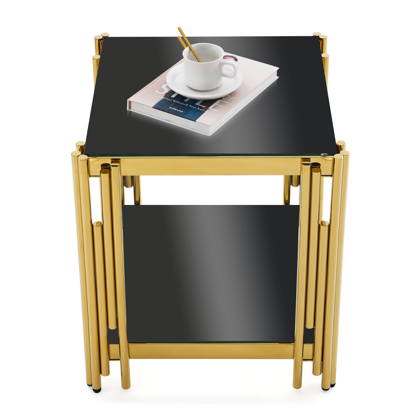 Woker Furniture  20" Wide Square End Table with Black Glass Top, Golden Stainless Steel Tempered Glass End Table for Living Room&Bed Room