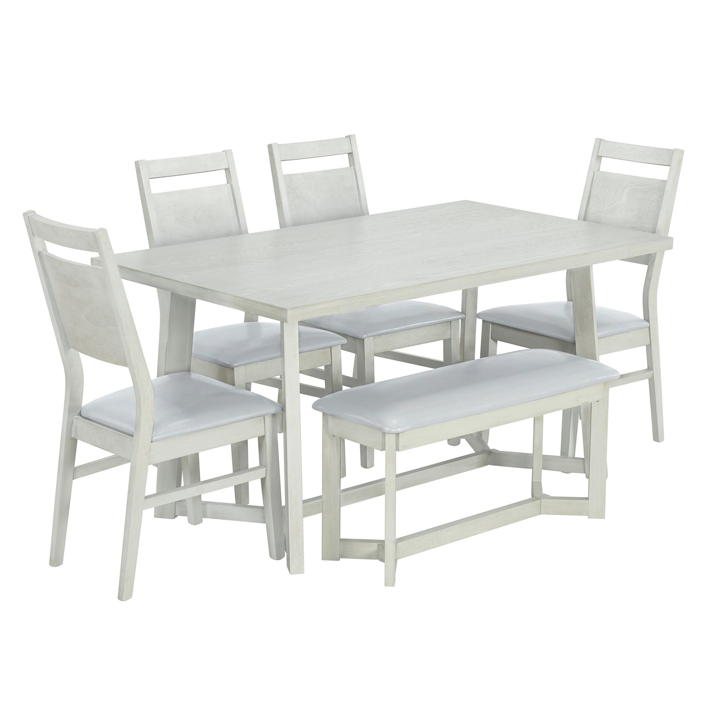 TOPMAX Farmhouse Ensemble de table de salle à manger en bois 6 pièces avec 4 chaises et banc rembourrés Gris