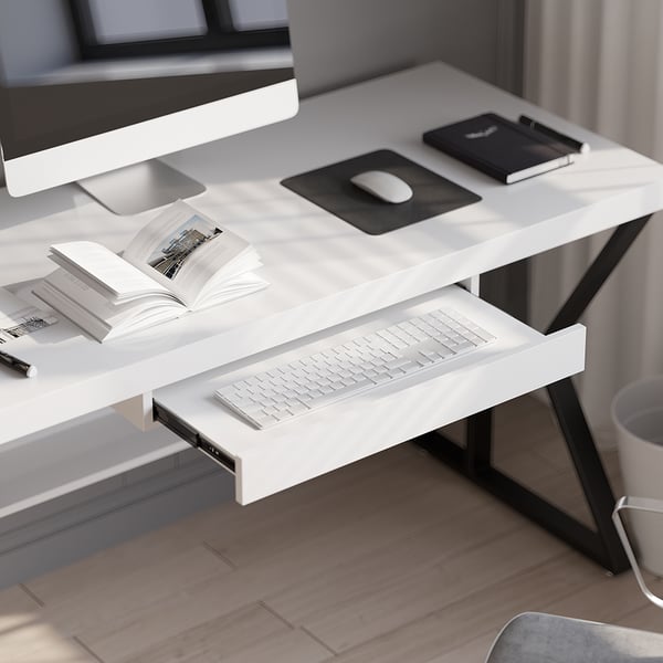 White Wooden Writing Desk Computer Desk with Shelf & Drawer Black Legs