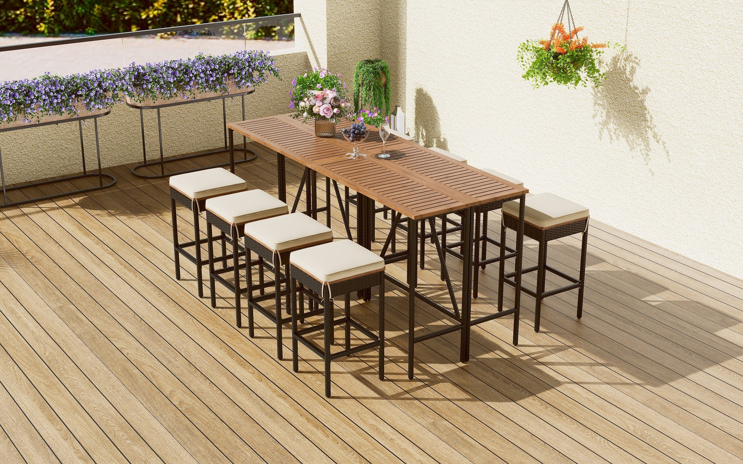 GO 10-Piece Outdoor Acacia Wood Bar Height Table And Eight Stools With Cushions, Garden PE Rattan Wicker Dining Table, Foldable Tabletop, High-Dining Bistro Set, All-Weather Patio Furniture, Brown