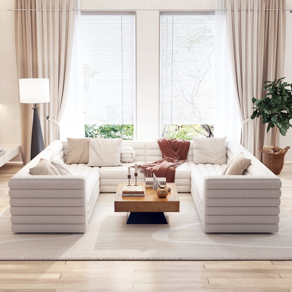 126 Inches U-Shaped Modern Off White Boucle Modular Sectional Sofa for 8 Seaters