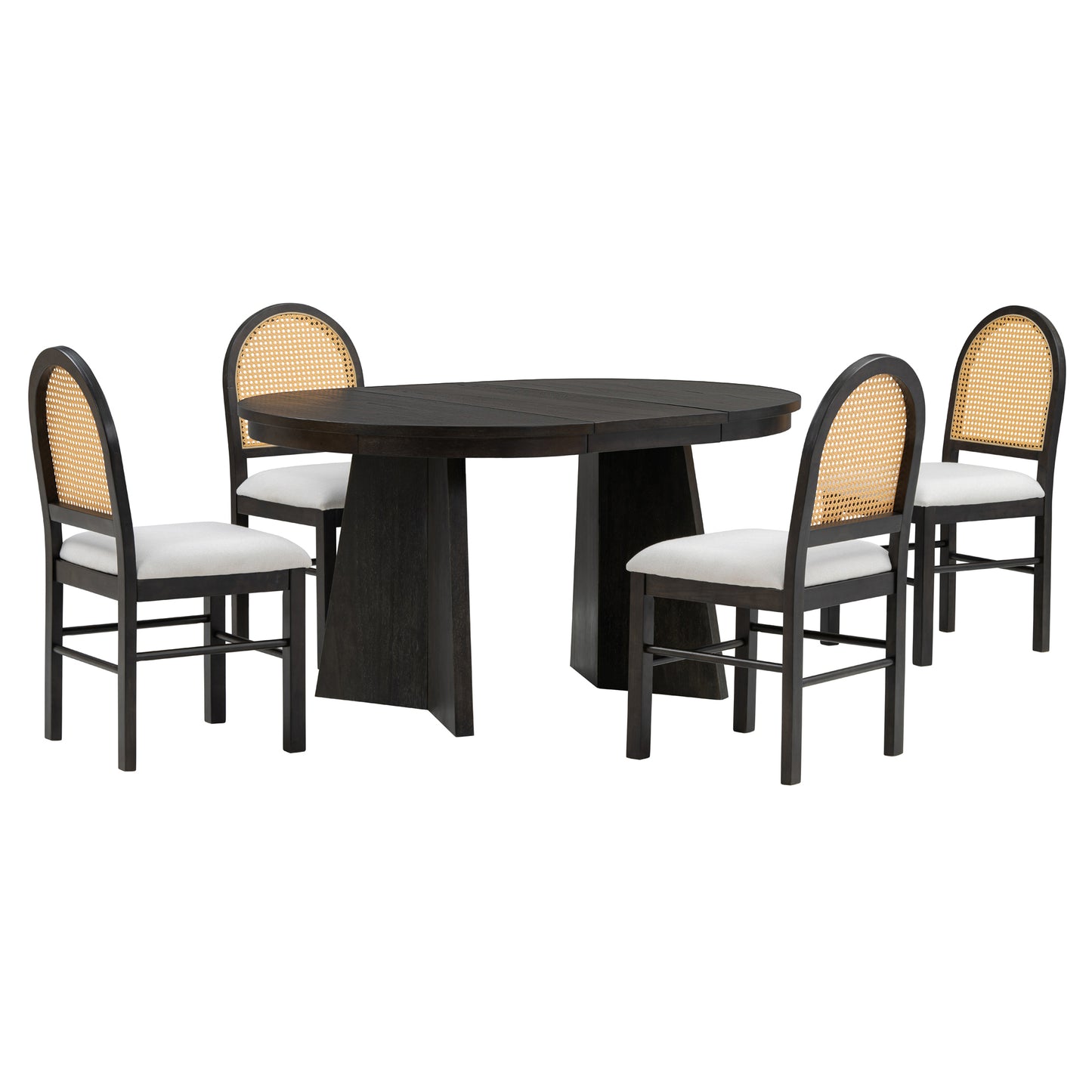 TREXM 5-Piece Retro Functional Dining Set with 1 Extendable Dining Table and 4 Upholstered Chairs with Rattan Backrests for Dining Room and Kitchen (Espresso)