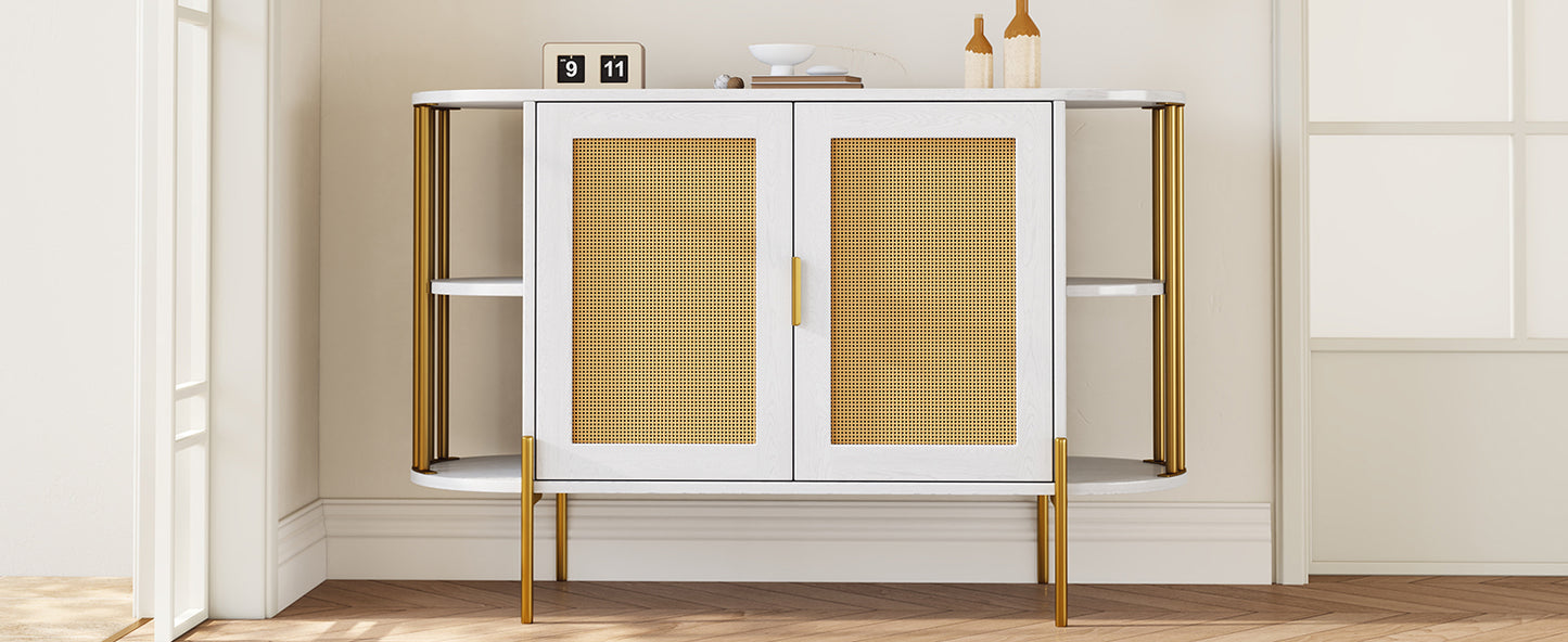 TREXM 2-Door Elegant Curved Dining Cabinet with Gold Trim and Woven Rattan Doors for Dining Room (White)