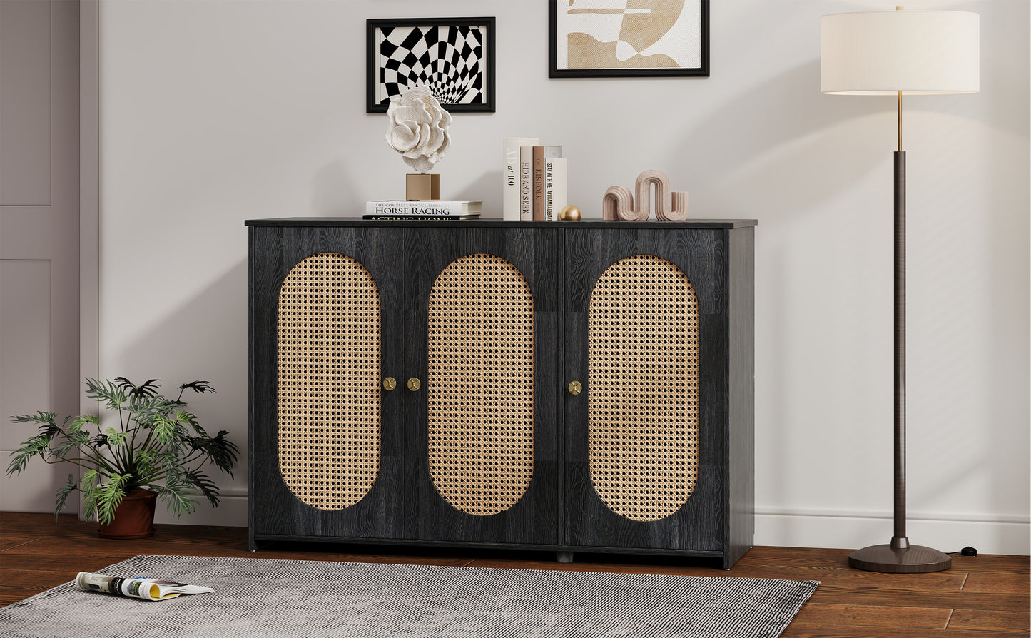 TREXM Retro 3-Door Sideboard with Large Storage Space Artificial Rattan Doors and Metal Handles, Accent Cabinet for Living Room and Hallway (Antique Black)