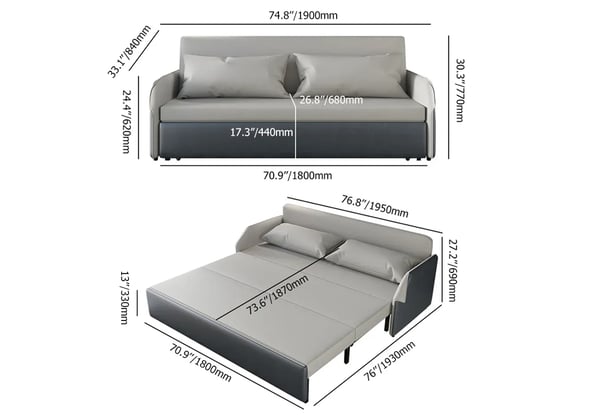 77 Inches Modern Gray Convertible Storage Full Sleeper Sofa Leath-Aire Upholstery