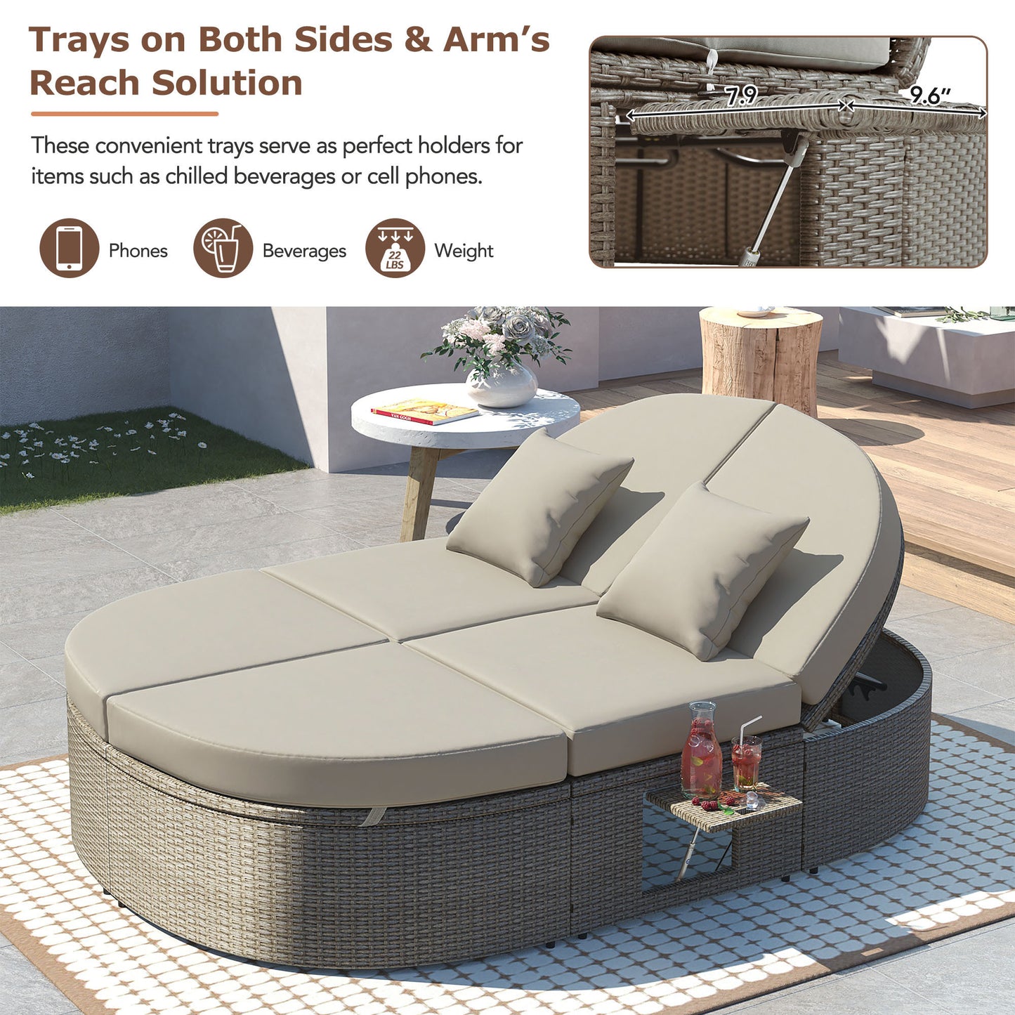 TOPMAX Lit de bronzage d'extérieur pour 2 personnes avec coussins et oreillers, chaise longue inclinable de jardin en rotin avec dossiers réglables et plateaux à tasses pliables pour pelouse, bord de piscine, gris