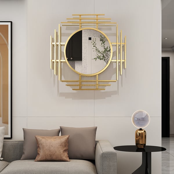 Miroir mural de luxe géométrique 3D en métal doré de 28 pouces, décoration de maison superposée pour l'entrée