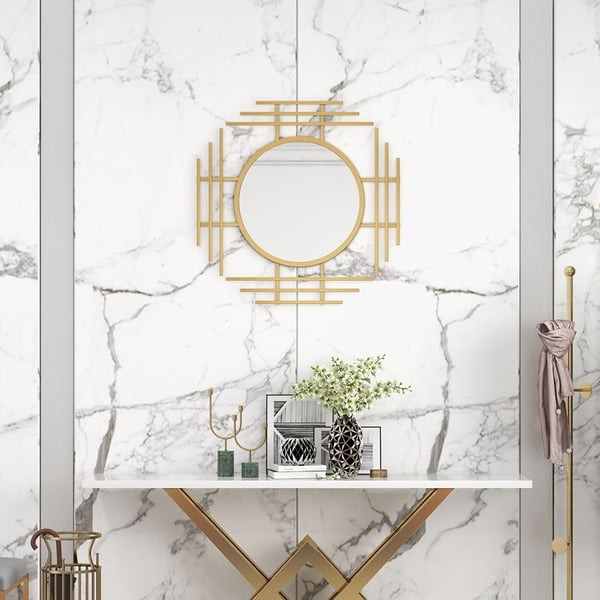 Miroir mural de luxe géométrique 3D en métal doré de 28 pouces, décoration de maison superposée pour l'entrée