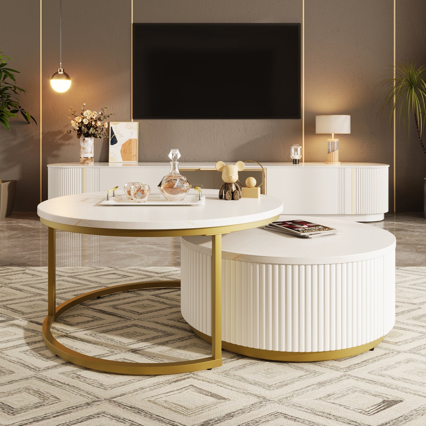 Modern Round Nesting Coffee Table Fluted with Drawer in White & Gold in 31.5''