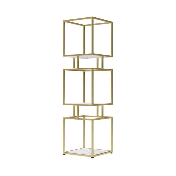 3-Tier Modern Black Cube Bookcase with Metal Tower Display Shelf in Gold Frame