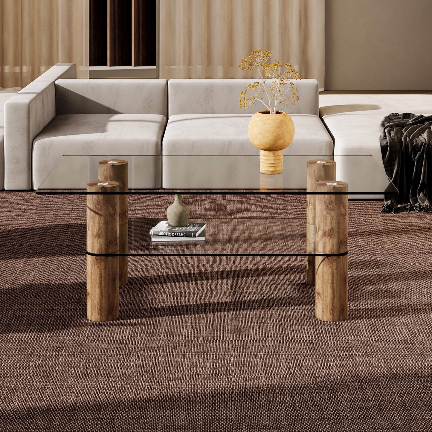 Modern Minimalist Double-Layer Transparent Tempered Glass Coffee Table with Wooden MDF Decorative Columns