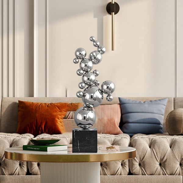 24" Modern Abstract Geometric Ball Sculpture Art Ornament Stainless Steel & Marble Decor