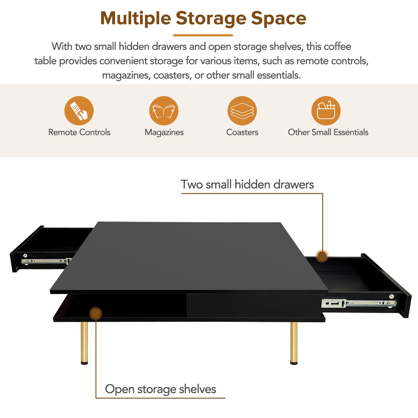 ON-TREND Exquisite High Gloss Coffee Table with 4 Golden Legs and 2 Small Drawers, 2-Tier Square Center Table for Living Room, Black