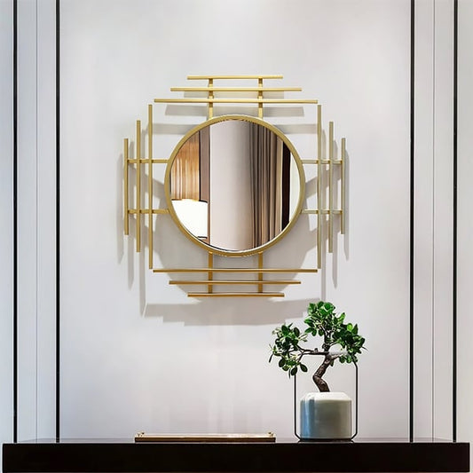 Miroir mural de luxe géométrique 3D en métal doré de 28 pouces, décoration de maison superposée pour l'entrée