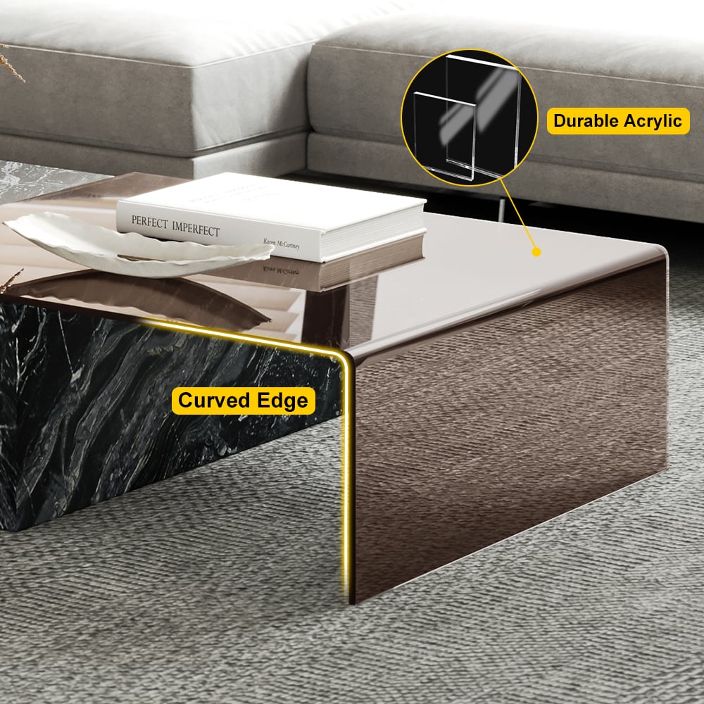 2 Piece Modern Large Square Coffee Table in Black & Tea with Marble Veneer & Acrylic