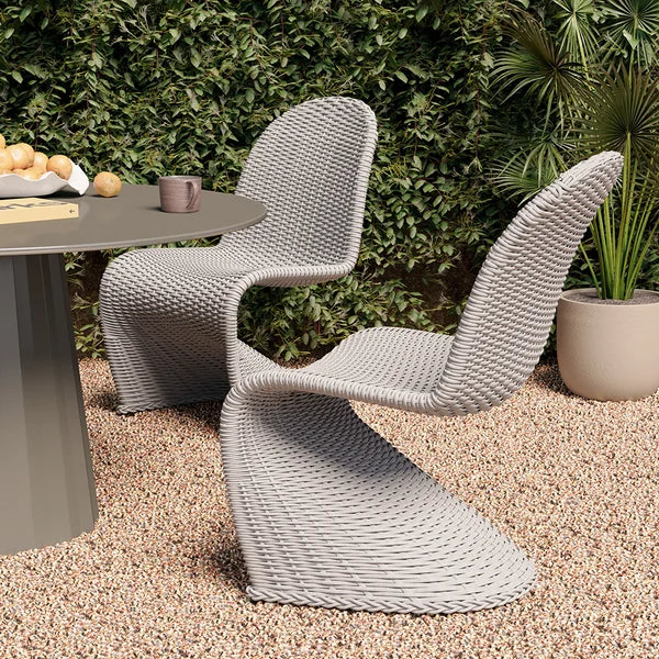 2 Pieces Coastal Aluminum & Woven Rattan Outdoor Patio Dining Chair Set in Gray