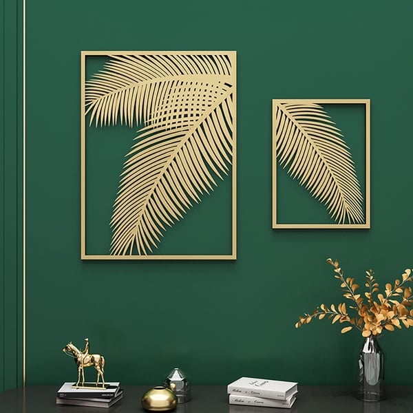 2 Pieces Metal Wall Decor Rectangular Palm Leaf Home Art Set in Gold for Living Room