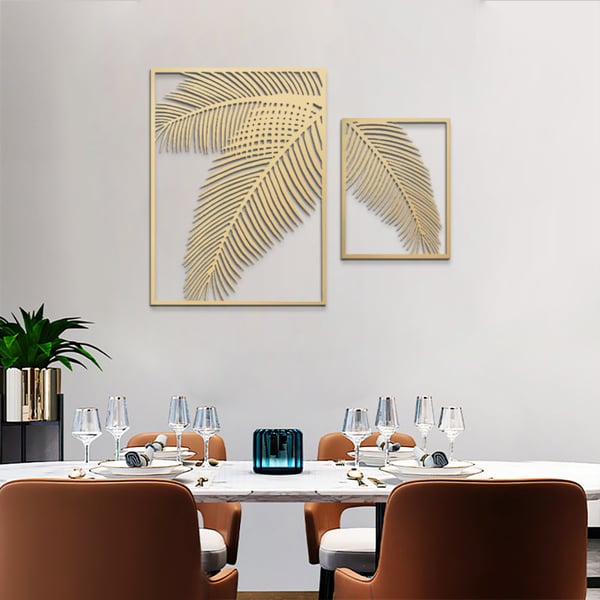 2 Pieces Metal Wall Decor Rectangular Palm Leaf Home Art Set in Gold for Living Room